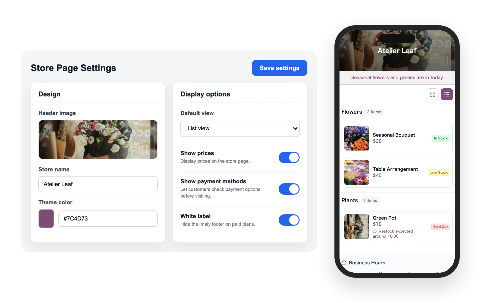 A customized flower shop store page