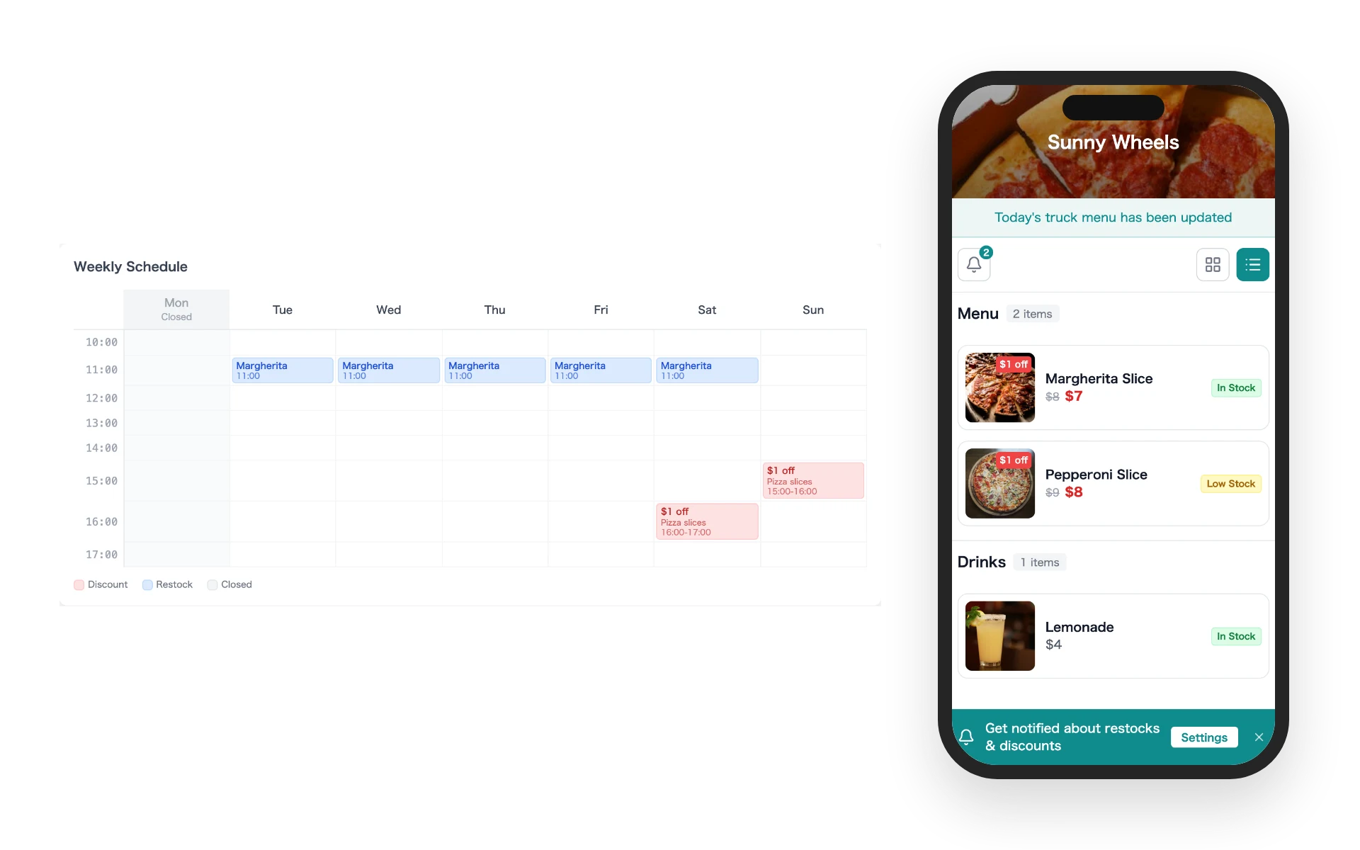 An admin markdown schedule and a store page with updated prices